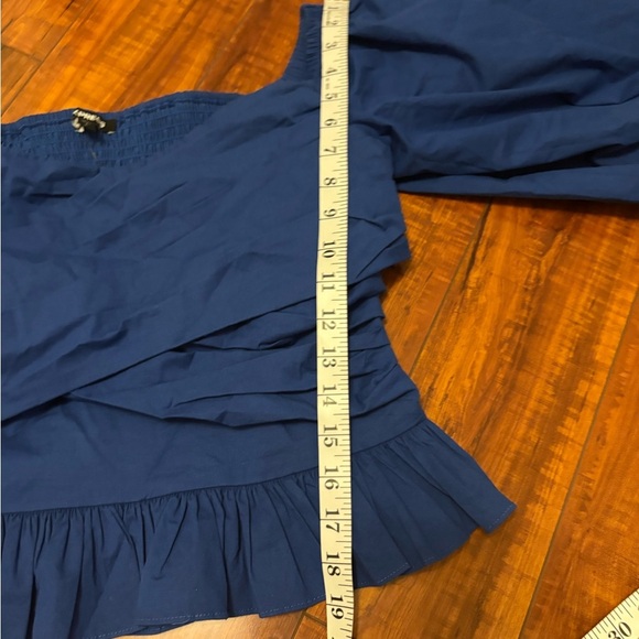 Express Blue Puff Sleeve Peplum Blouse Smocked Ruffle Hem Draped Front Top large - Picture 11 of 13